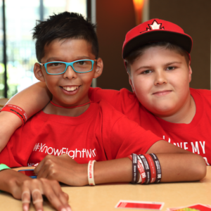 two boys in red shirts