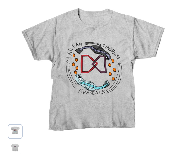 A grey t-shirt in youth size with a hand drawn Marfan Foundation logo with two dragons circling the words, Marfan Syndrome Awareness.