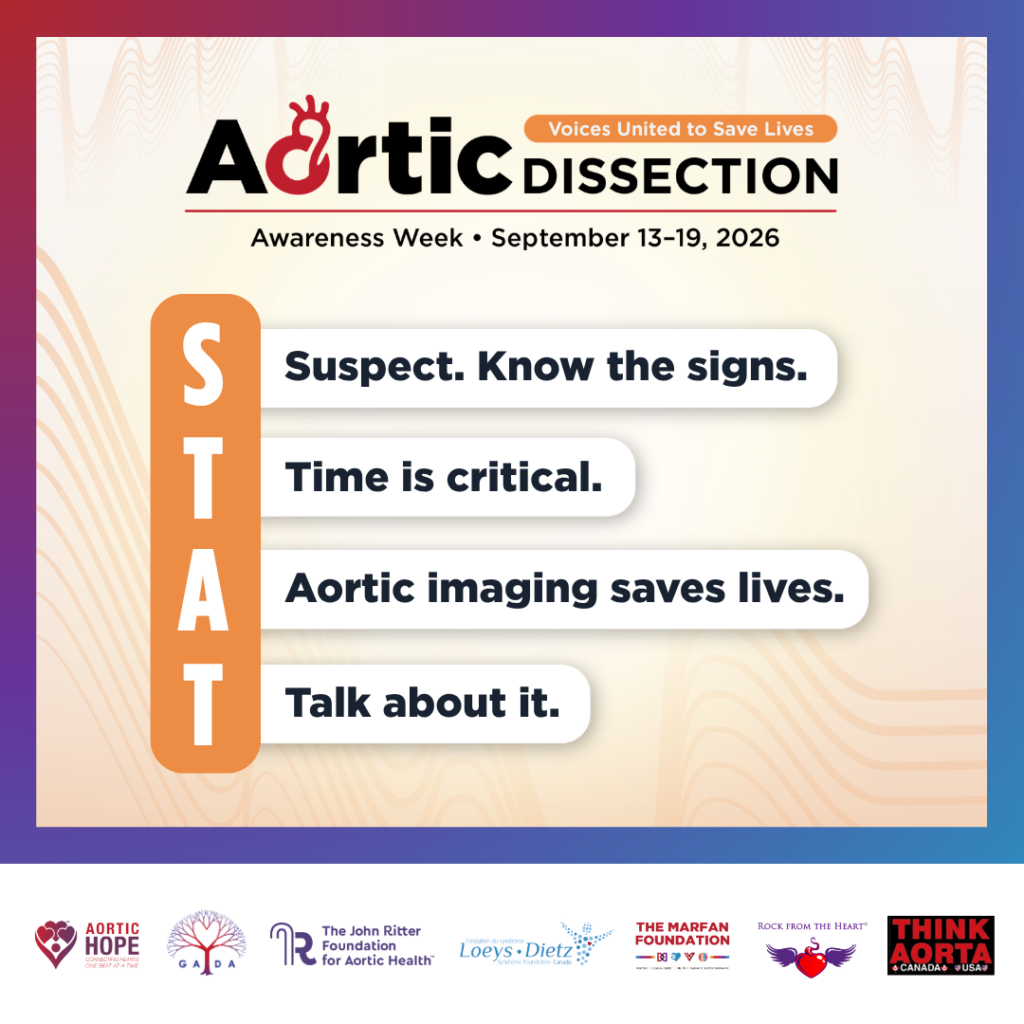 STAT Aortic Dissection Awareness 2026: S Suspect. Know the Signs. T. Time is Critical. A Aortic Imaging Saves Lives. T Talk About It.